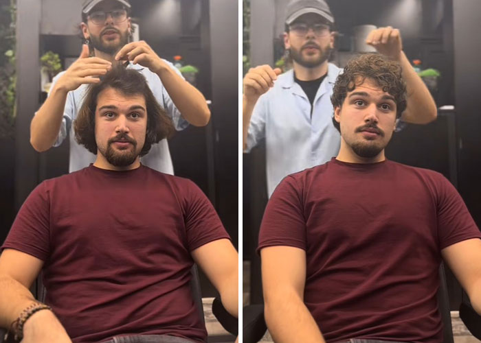 Man with curly hair getting a haircut by a Romanian barber showing amazing hair transformations in a modern salon.