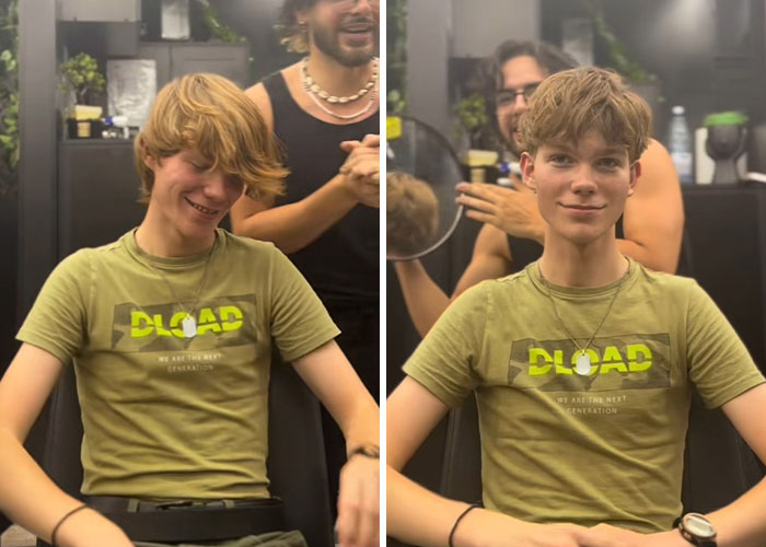 Young man showing hair transformation at barber shop, styled by Romanian barber, smiling before and after haircut.