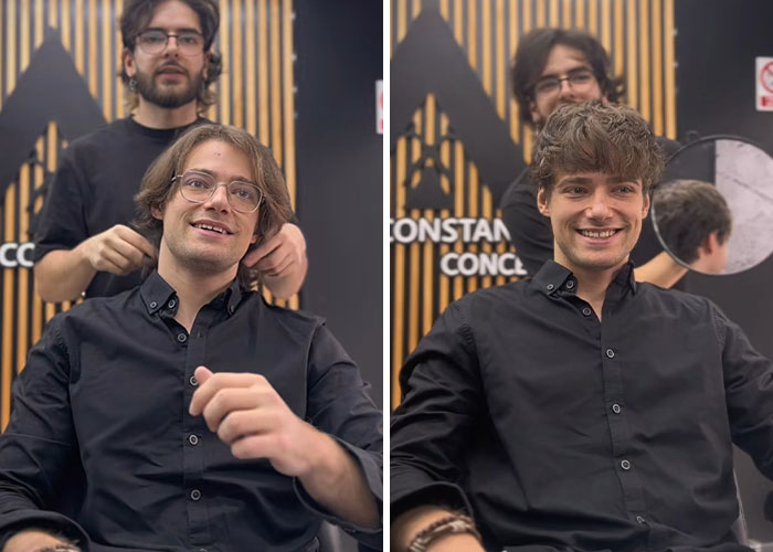 Before and after hair transformation by Romanian barber, showing stylish haircut and fresh new look on a young man.