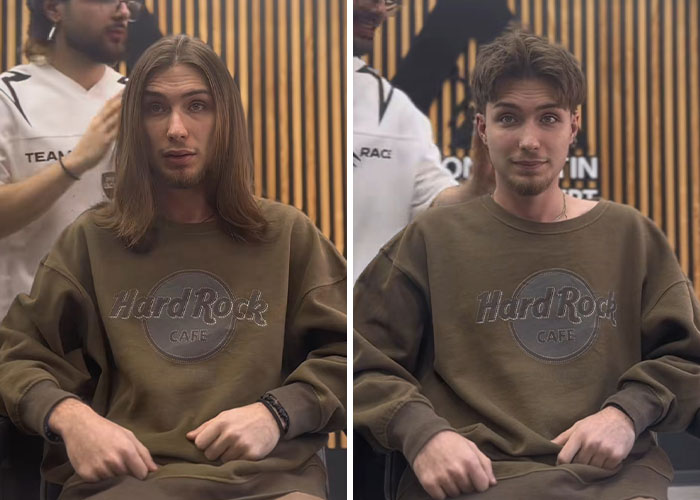 Before and after hair transformation by Romanian barber, showing long hair cut and styled into a modern short haircut.
