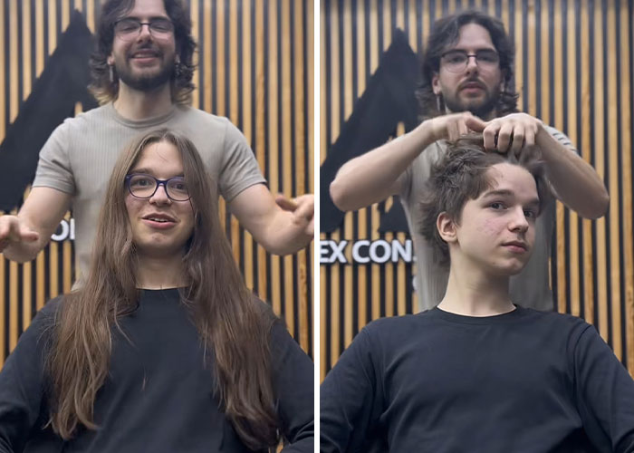 Before and after hair transformation by Romanian barber, showing a dramatic haircut from long hair to short styled hair.