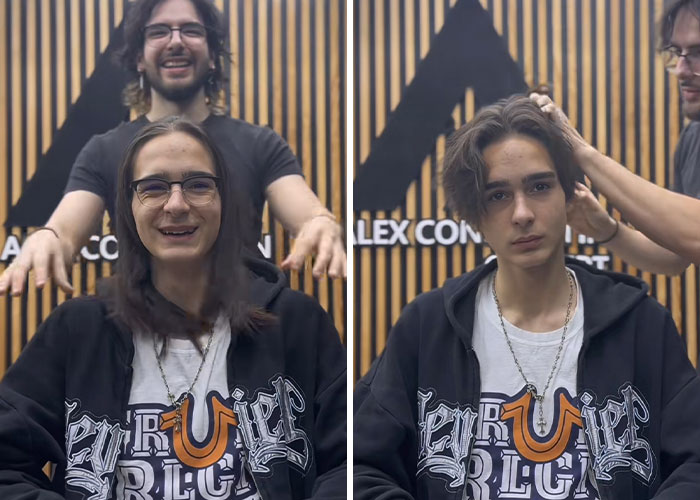 Before and after hair transformation by Romanian barber, showing a man with longer hair turned into a stylish short haircut.