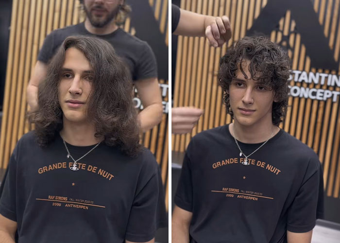 Young man showing amazing hair transformation with curly haircut, styled by Romanian barber in modern salon setting.