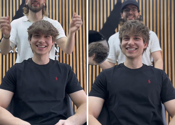 Young man smiling after hair transformation at Romanian barber shop with stylist standing behind him in striped interior.