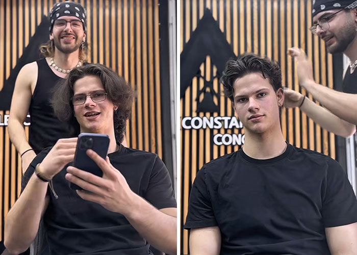 Before and after hair transformation by Romanian barber, showing a dramatic haircut and styling change.