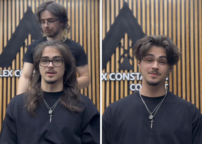 Before and after hair transformation of a young man with long hair styled by a Romanian barber in a modern salon setting.