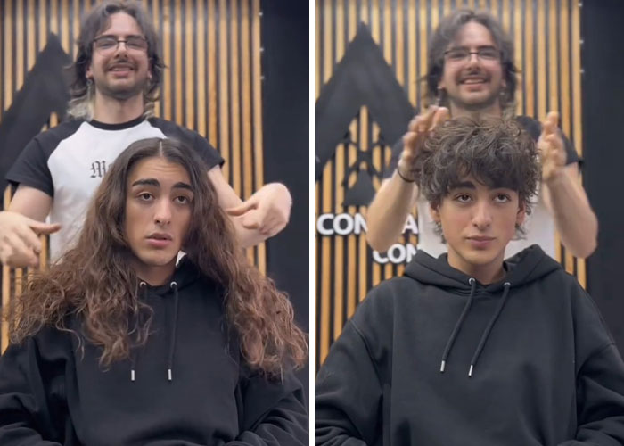 Before and after hair transformation by Romanian barber, showing major haircut and styling change on young man.