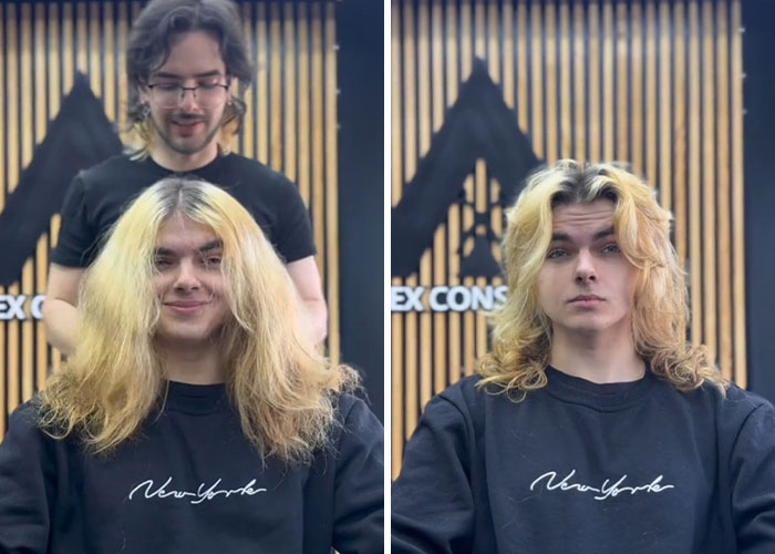 Before and after hair transformation by a Romanian barber, showcasing a stylish and polished haircut on blonde hair.