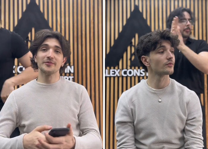 Before and after hair transformation of a young man at a barber shop, showcasing amazing hair styling by a Romanian barber.