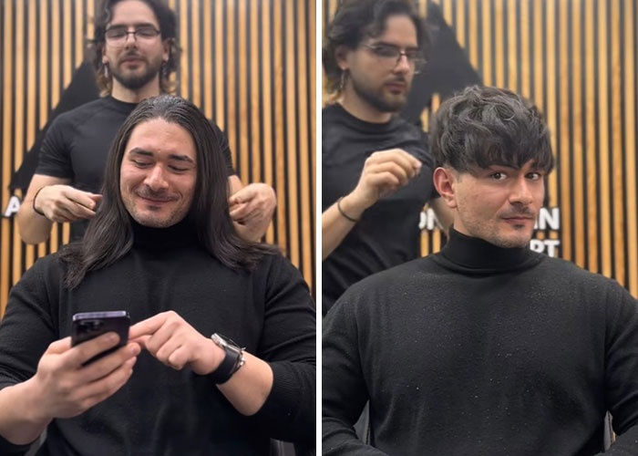 Before and after hair transformation by Romanian barber, showing a stylish haircut makeover on a male client.