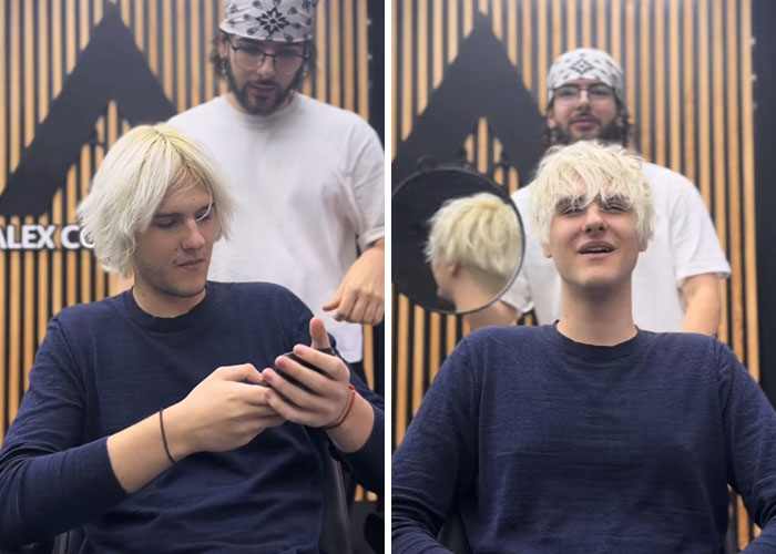 Romanian barber styling a young man’s blonde hair, showcasing amazing hair transformations in a modern salon setting.