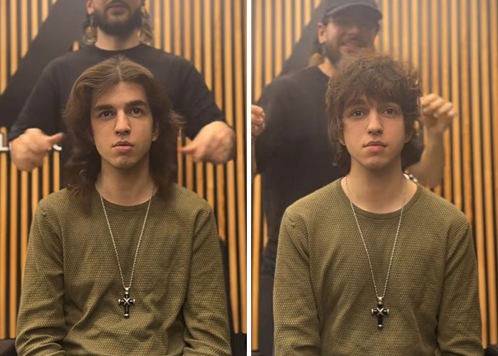 Young man with long hair getting a haircut from a Romanian barber showing amazing hair transformations side by side.