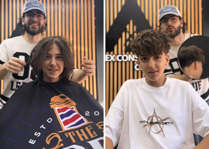 Before and after hair transformation by Romanian barber showcasing a stylish modern haircut and makeover.