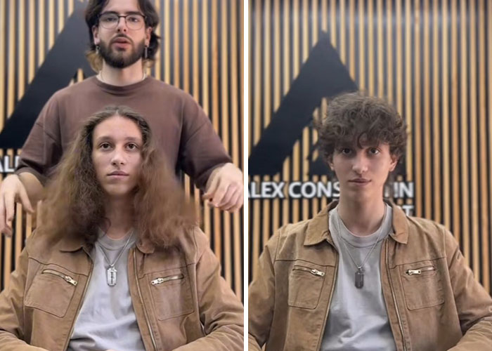 Before and after hair transformation by Romanian barber showing curly hair styled into a modern, voluminous cut.