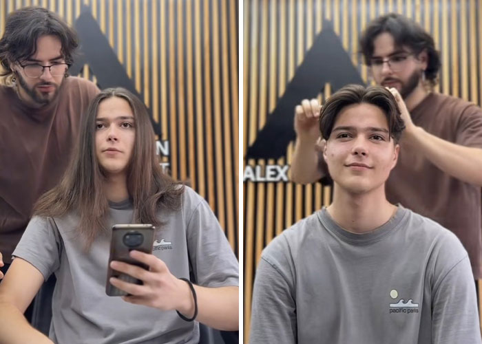 Before and after hair transformations by Romanian barber showing long to styled medium haircut on young man.
