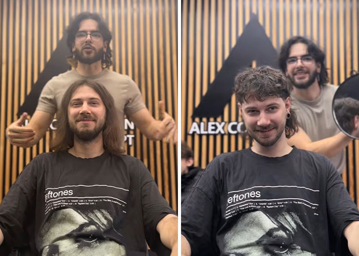 Before and after hair transformations by Romanian barber showing a long to short stylish haircut with smiling clients.