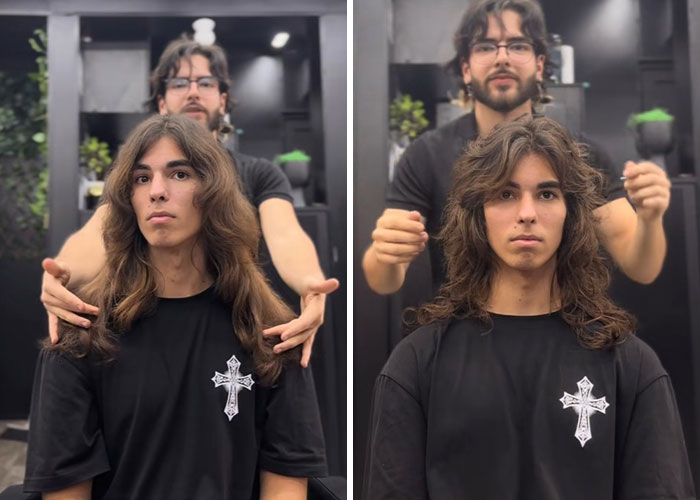 Before and after shot of an amazing hair transformation by a Romanian barber in a modern barbershop setting.