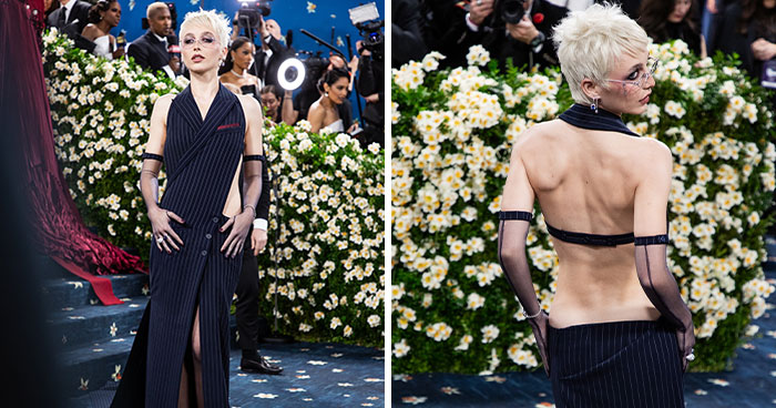 Fashion model in a bold black pinstripe outfit with sheer gloves at the Met Gala, showcasing biggest fashion fails 2025.