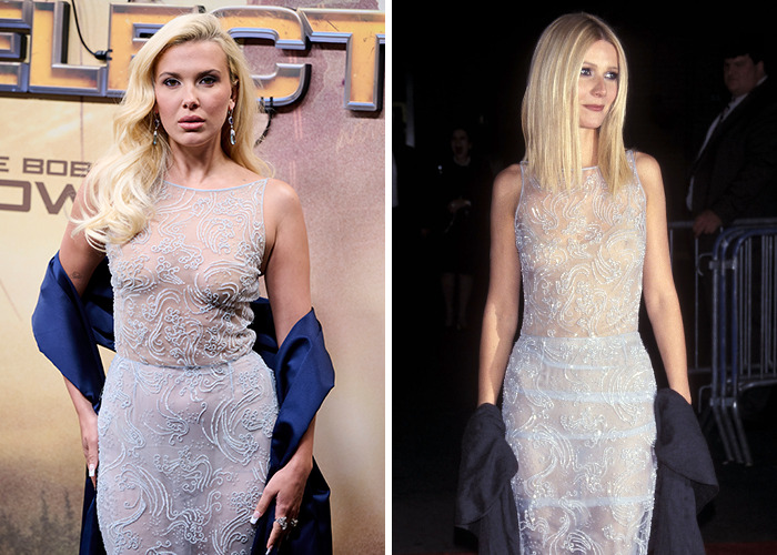 Two celebs wearing sheer, intricately embroidered gowns showcasing iconic fashion reboots on red carpet events.