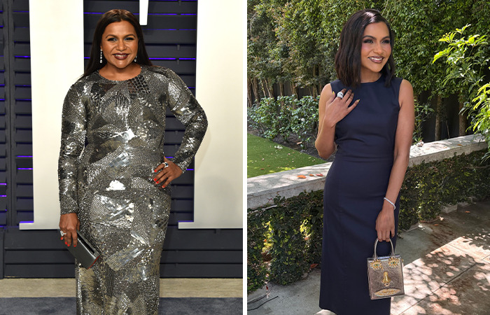 Mindy Kaling showing off slim figure at an outdoor event wearing a sleeveless navy dress and holding a small handbag. Mindy Kaling showing off slim figure at an outdoor event wearing a sleeveless navy dress and holding a small handbag.