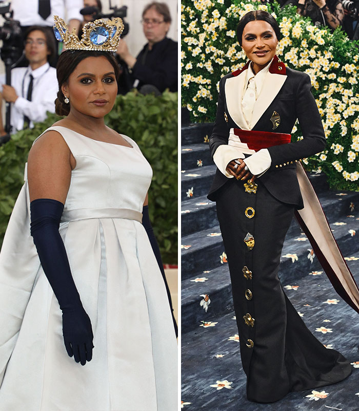 Actress at Met Gala before and after dramatic weight loss, sponsored by Ozempic, wearing elegant gowns and accessories.