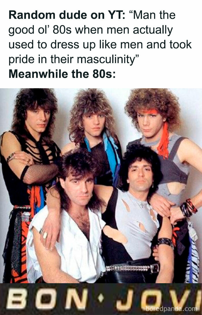 80s band Bon Jovi posing with iconic wild hairstyles and torn outfits illustrating nostalgia taken too far.