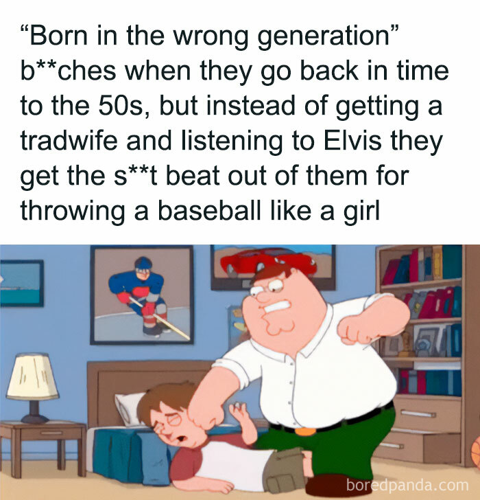 Cartoon scene mocking nostalgia with a man punching a boy, highlighting rose tinted tolerance and outdated gender stereotypes.
