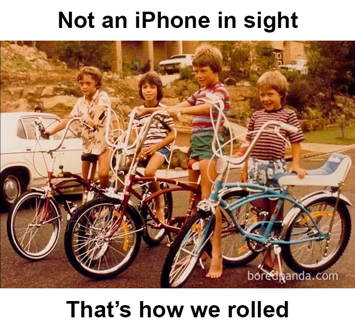 Kids riding vintage bikes with tall handlebars, showcasing nostalgia and rose tinted tolerance in a playful street setting.