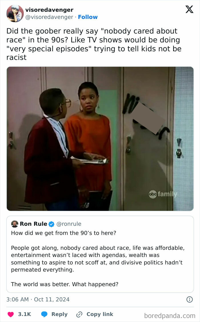 90s TV show scene with two teens discussing race, reflecting on nostalgia and tolerance online debates.