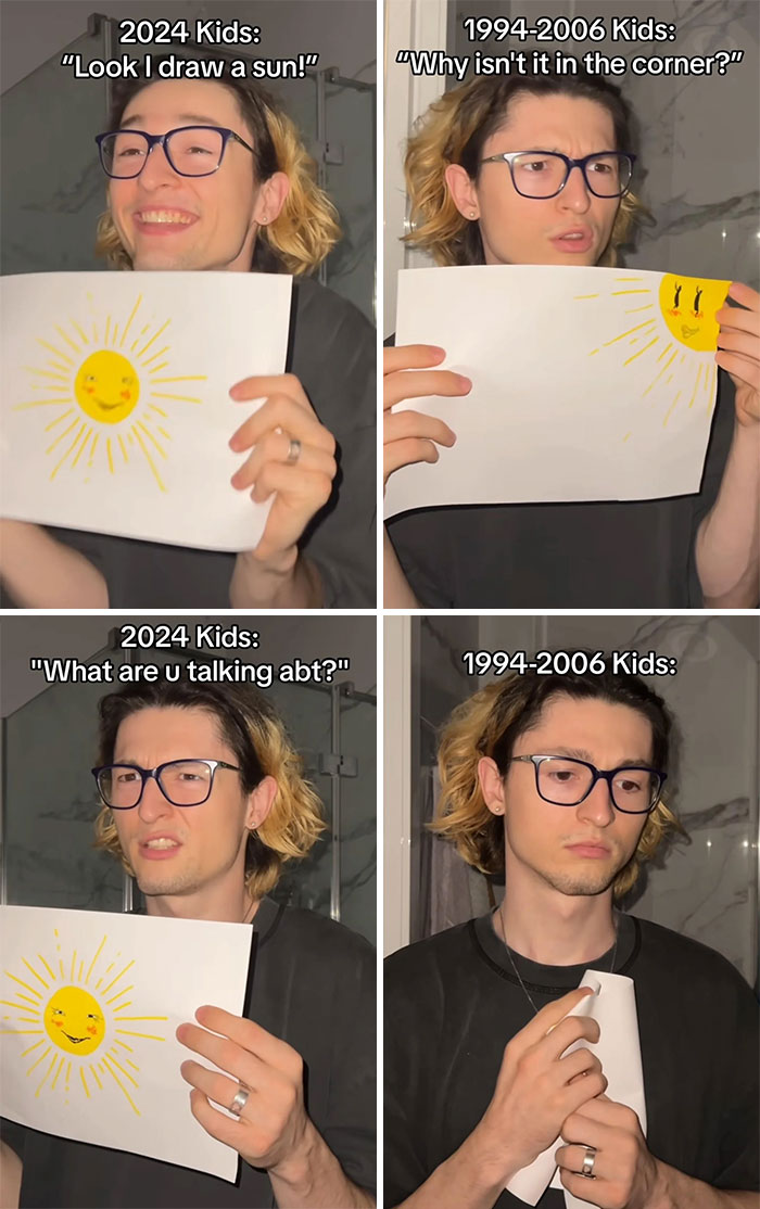 Young person humorously compares drawings of a sun, showing rose tinted tolerance and nostalgia clashing between generations.