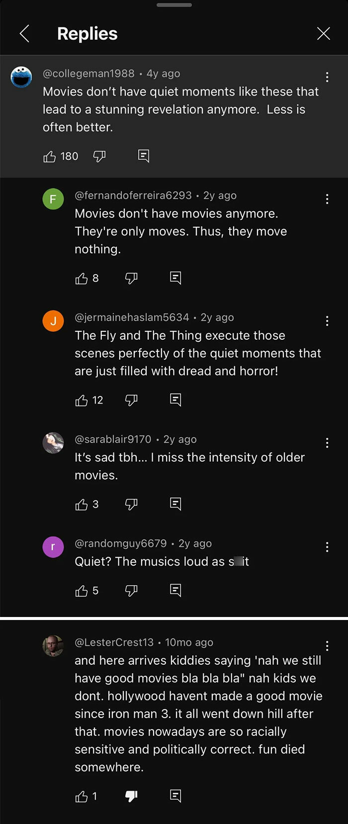 Online comments debating nostalgia and tolerance about movies, highlighting how people took nostalgia too far and got mocked.