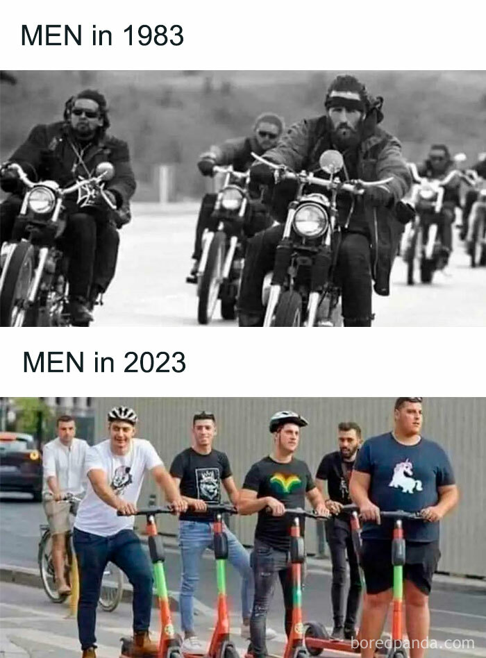Men riding motorcycles in 1983 compared to men using electric scooters in 2023 showing nostalgia taken too far.