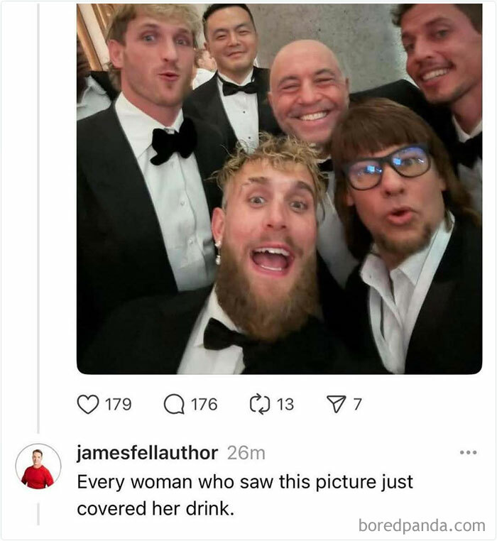 Group selfie of six men in tuxedos making funny faces, perfect for mocking posts jokes memes content.