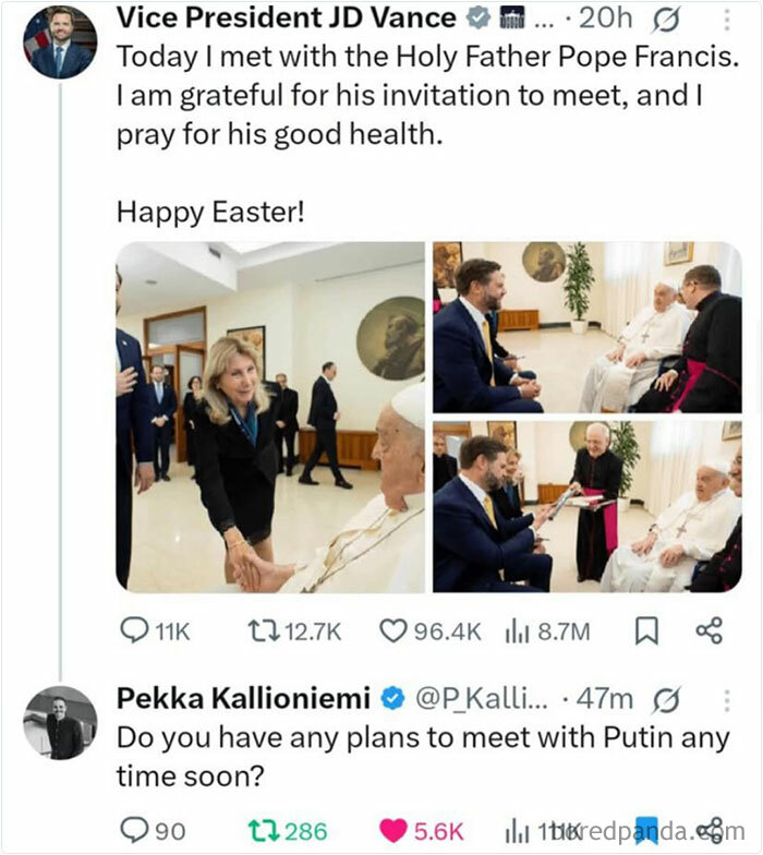 Mocking posts jokes memes showing a political figure meeting the Pope with humorous social media comments.