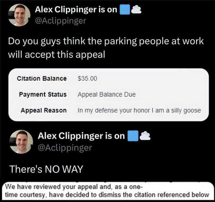 Screenshot of a social media post showing a funny parking appeal with mocking posts jokes memes style humor.