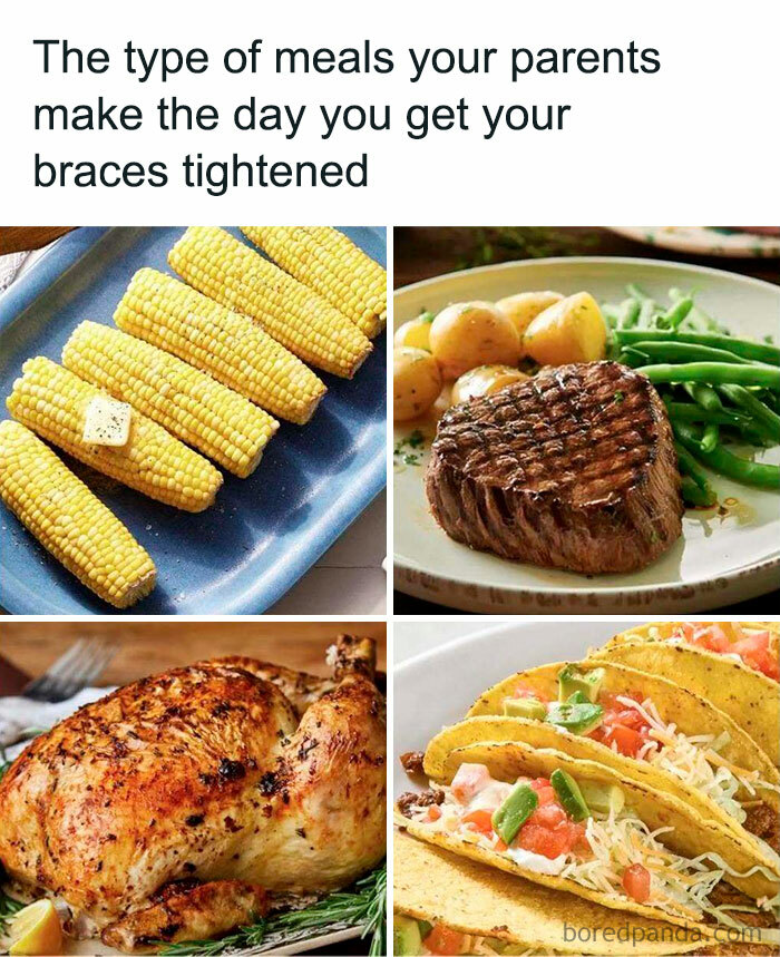 Four meal images including corn on the cob, steak with potatoes and green beans, roasted chicken, and beef tacos humorously used in mocking posts jokes memes.