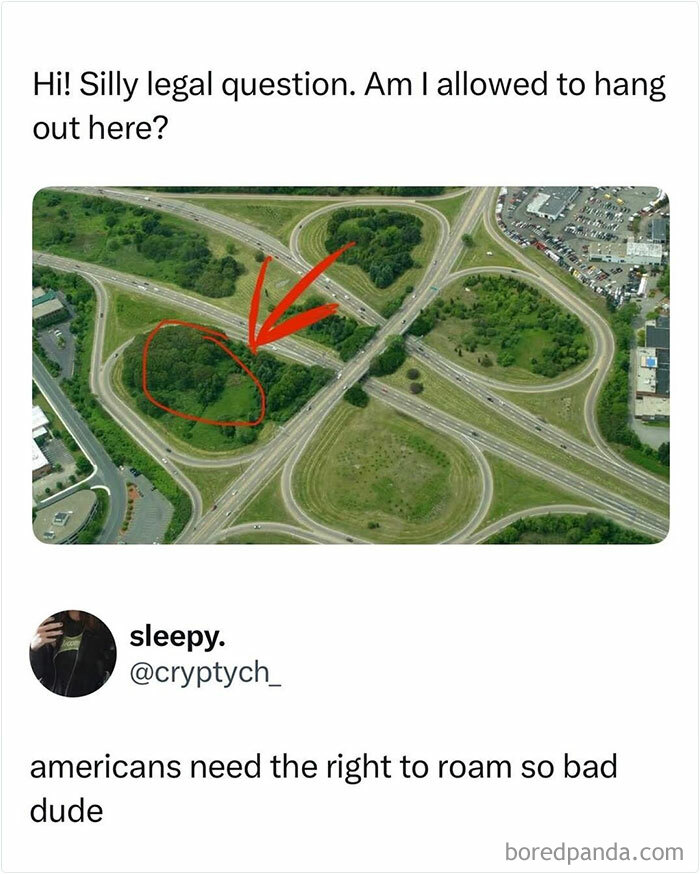 A mocking post joking about the right to roam in a small forest patch surrounded by highways.