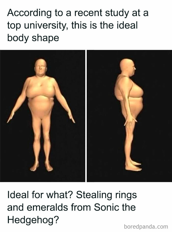 3D model of an unusual ideal body shape shown from front and side, mocking posts jokes memes style.