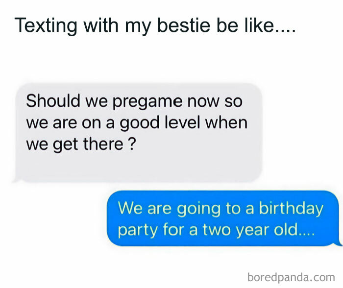 Texting conversation with joking mocking posts about pregaming for a two-year-old's birthday party.
