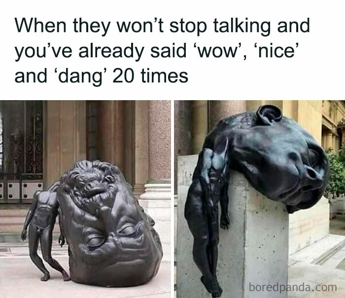 Sculptures showing tired figures leaning on large heads, illustrating frustration in mocking posts jokes memes.