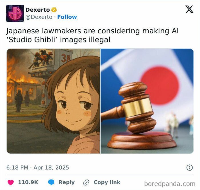 Tweet showing Japanese lawmakers debating AI Studio Ghibli image ban, paired with a mocking posts jokes memes anime scene.