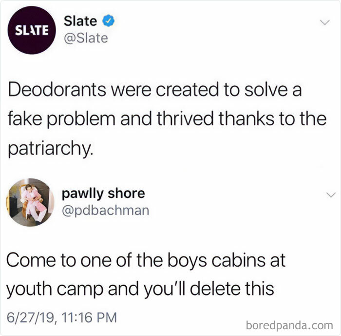 Screenshot of mocking posts jokes memes about deodorants created to solve a fake problem and thrive due to societal influence.