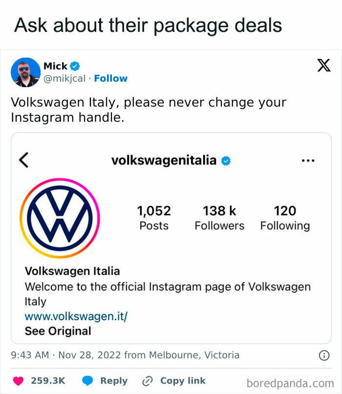 Tweet mocking Volkswagen Italy's Instagram handle with a joke about their package deals, reflecting popular mocking posts jokes memes.