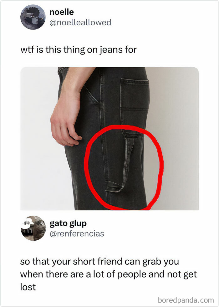 Social media post mocking jeans design with a strap circled, joking about helping short friends grab you in crowds.