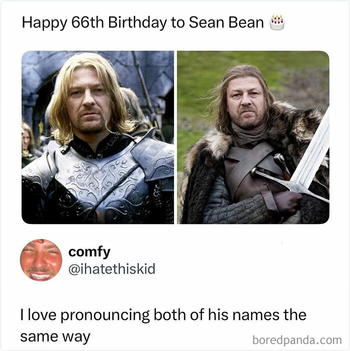 Sean Bean in two medieval costumes with a sword, used in mocking posts jokes memes about his birthday.