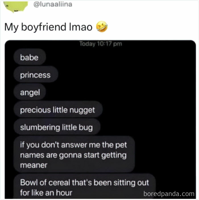 Screenshot of a funny mocking posts joke with playful pet names turning mean in text messages.