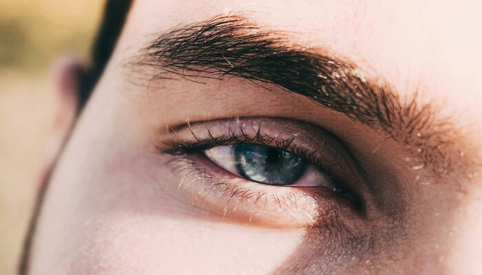 Close-up of a person’s eye and eyebrow highlighting natural skin texture, related to plastic surgeons and cosmetic procedures.