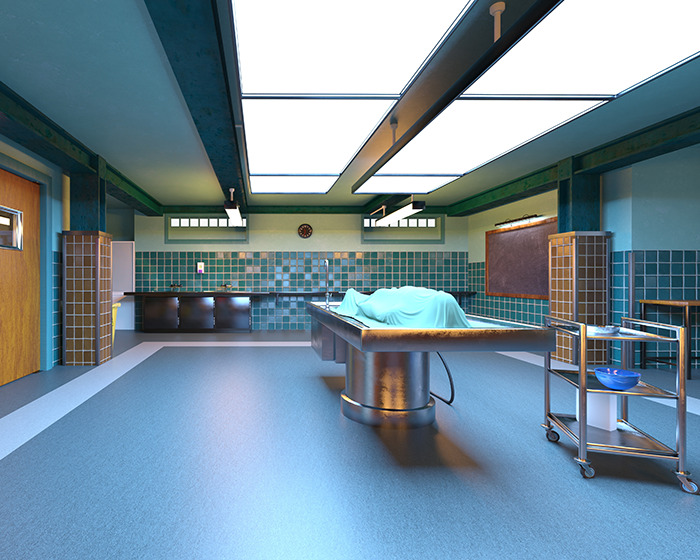 Autopsy room with a covered body on table, highlighting the mystery of a missing heart during examination.