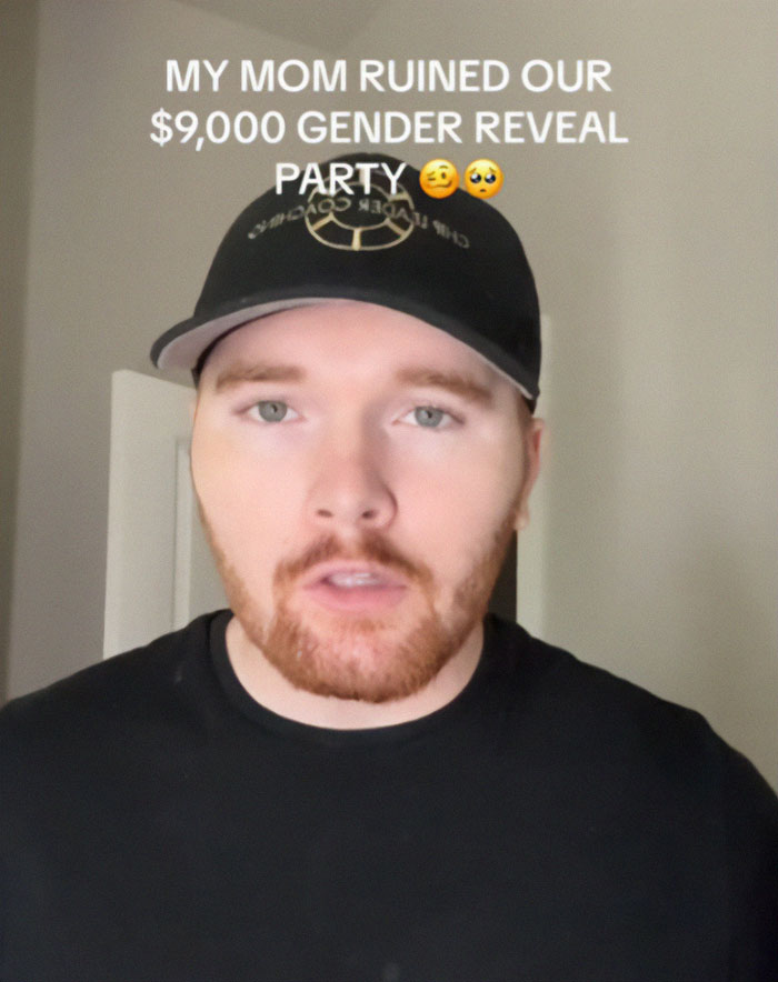Man with red beard upset as mom ruins baby's gender reveal party, sparking heated debate over celebration tensions.