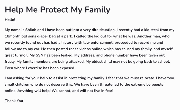 Text of a woman named Shiloh asking for help to protect her family after being targeted and threatened online following a racist playground incident.